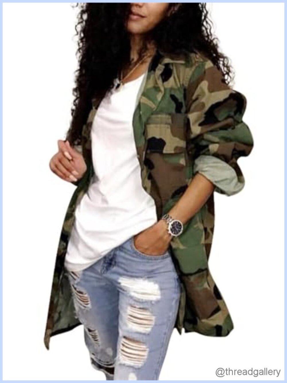 Women's Camo Jacket Polyester Spandex Trench Coat Open Front Cargo